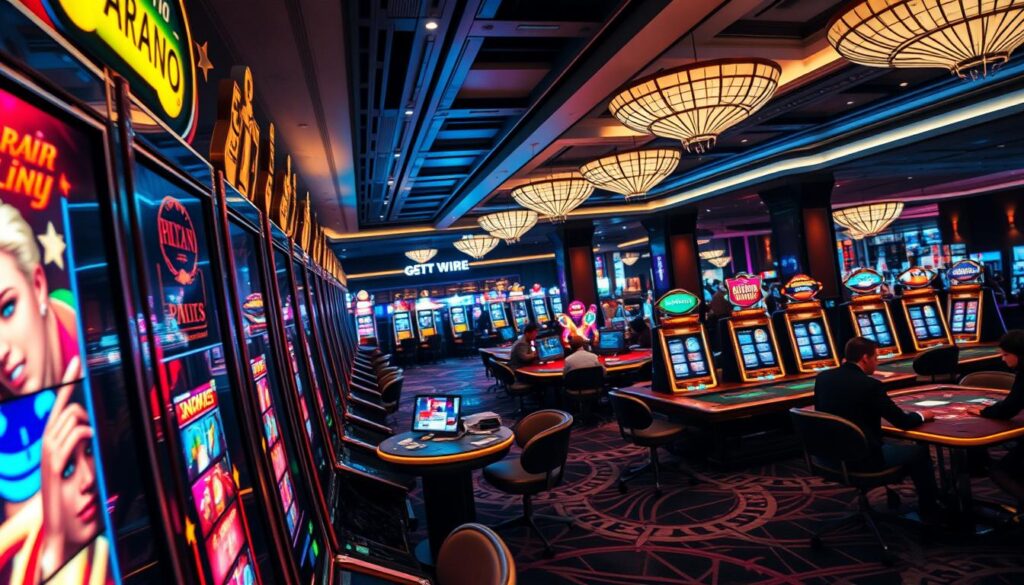A detailed, cinematic view of an online casino's advantages. In the foreground, a player immersed in a thrilling slot machine game, their face lit by the dynamic display. The middle ground features a lineup of classic casino table games - roulette, blackjack, and poker - with players engaged in the action. In the background, a sleek, modern casino interior with high ceilings, elegant decor, and ambient lighting, conveying a sense of luxury and sophistication. The overall scene exudes an atmosphere of excitement, convenience, and the thrill of high-stakes entertainment, highlighting the allure of an online casino experience.