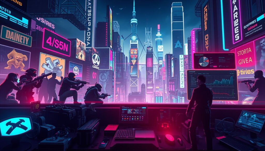 A detailed comparison and analysis of various game genres, showcased in a stylized digital illustration. The foreground depicts distinct game icons and symbols, each representing a popular game type - from action-packed shooters to immersive role-playing adventures. The middle ground features sleek, futuristic interfaces and data visualizations, highlighting the technical aspects and performance metrics of these game categories. The background immerses the viewer in a vibrant, neon-infused cityscape, evoking the vibrant online entertainment landscape. Soft, diffused lighting creates a sophisticated, cinematic atmosphere, while a dynamic camera angle adds depth and visual interest. The overall composition conveys a sense of depth, balance, and the multifaceted nature of the gaming industry.