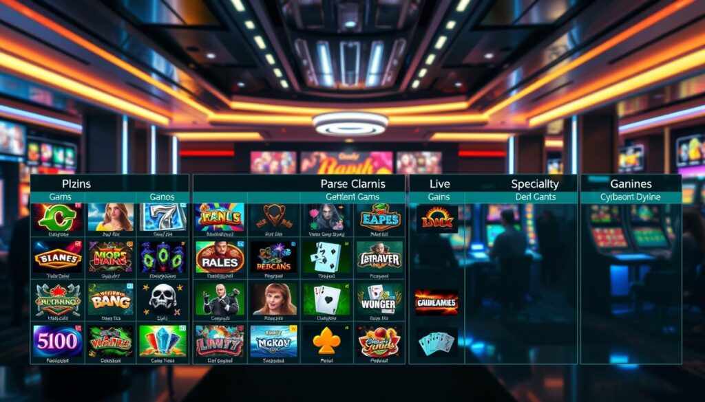 A detailed comparison of different online casino game genres, showcased in a vibrant, visually compelling manner. The foreground features a grid of game icons representing various types, such as slots, table games, live dealer, and specialty games, each with distinct visual styles. The middle ground depicts players immersed in the games, conveying the excitement and engagement of the gaming experience. The background sets the scene with a sleek, modern casino interior, complete with subtle lighting effects and reflective surfaces, creating a sense of sophistication and luxury. The overall composition strikes a balance between informative clarity and artistic flair, inviting the viewer to explore the diverse range of gaming options available in the online entertainment landscape.