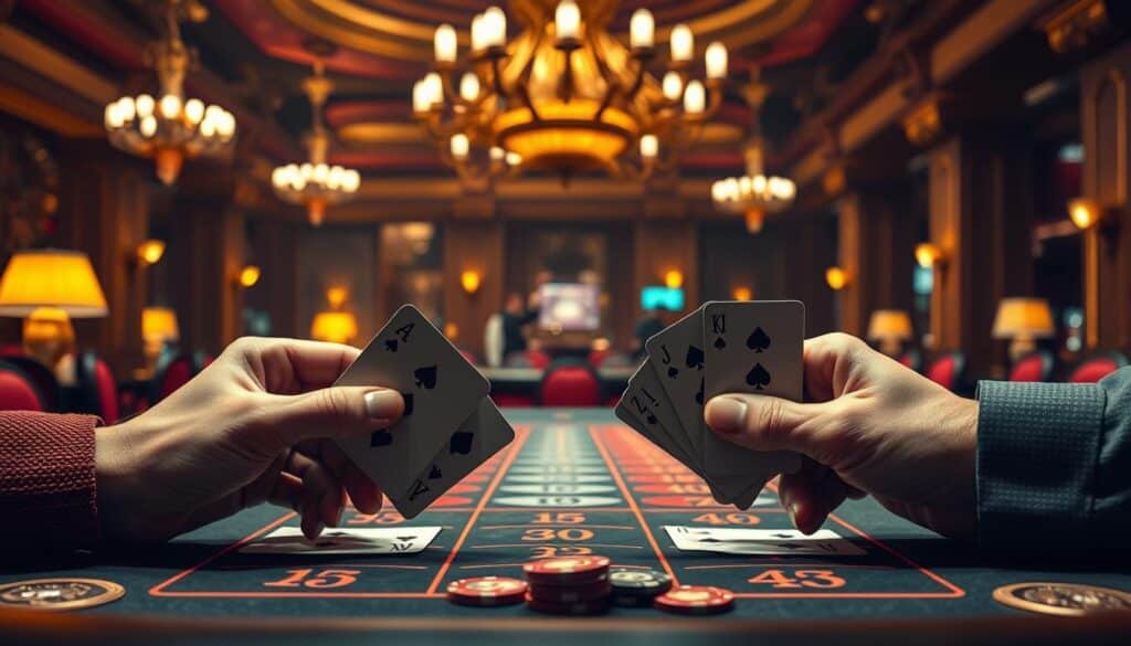 A detailed comparison of the Martingale and Fibonacci betting strategies, set against a backdrop of a classic casino table. The foreground features two hands playing cards, one using the Martingale method and the other the Fibonacci sequence, with the results of their gameplay visible. The middle ground showcases the casino's elegant decor, with ornate chandeliers and rich, textured fabrics. The background softly blurs into a sense of the casino's bustling energy, with the faint sounds of chips and cards in the air. Warm, golden lighting casts a welcoming glow, creating an immersive atmosphere that invites the viewer to ponder the nuances of these two legendary betting strategies.
