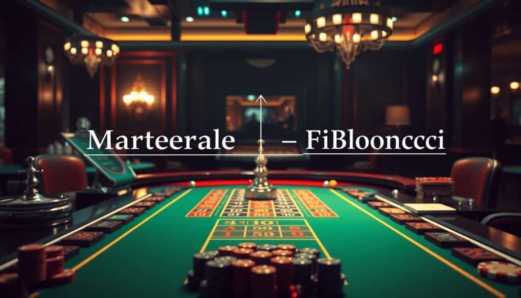 A detailed comparison of the Martingale and Fibonacci betting strategies, showcased in a dynamic and visually compelling manner. The scene depicts a casino-inspired setting, with a green baize table in the foreground, surrounded by a blend of classic and modern gaming elements. The Martingale and Fibonacci formulas are elegantly displayed in the midground, their mathematical structures intertwined, hinting at the nuances and complexities of these two popular betting approaches. The background features a dimly lit, atmospheric casino ambiance, with subtle lighting and shadowing to create depth and a sense of contemplative analysis. The overall composition strikes a balance between the analytical and the immersive, inviting the viewer to explore the intricacies of these gambling strategies.