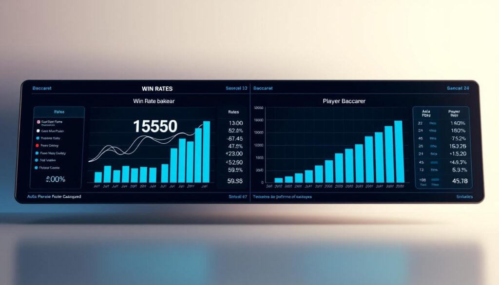 A detailed comparison of the win rates between the banker and the player in a baccarat game. Displayed on a sleek, modern interface with clean typography and minimalist design. The background is a soft, muted gradient, highlighting the key data visualizations in the foreground. The charts and graphs use a color palette of blues and grays, conveying a sense of professionalism and authority. Subtle lighting from the side creates depth and dimensionality, while the camera angle is slightly elevated to give an authoritative, bird's-eye view of the information. The overall atmosphere is one of precision, analysis, and data-driven insights, perfectly suited for the article's focus on baccarat strategy and performance optimization.