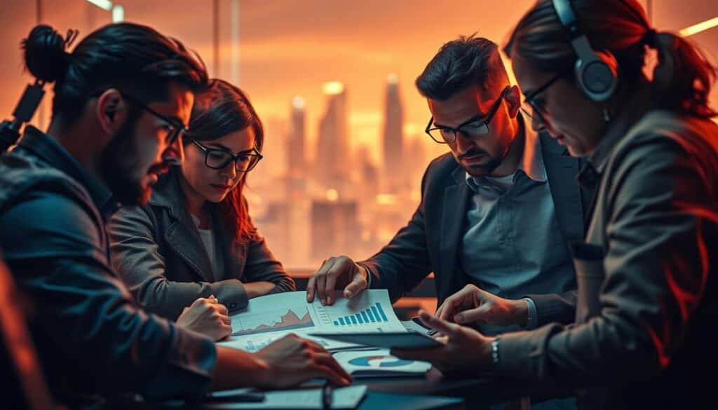 A detailed customer needs analysis, showcasing a professional data-driven investigation. In the foreground, a team of analysts meticulously poring over customer survey results, graphs, and charts, their expressions focused and thoughtful. The middle ground features an array of digital devices and analytical tools, conveying the technological sophistication of the process. In the background, a subtly blurred cityscape represents the broader market context. The lighting is warm and inviting, creating a sense of diligence and expertise. The overall composition emphasizes the rigor and insight required to understand customer preferences in the online gaming industry.
