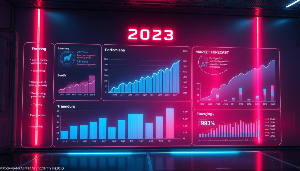 A detailed, data-driven 2023 market forecast visualization. A sleek, futuristic dashboard displays key performance indicators, growth projections, and emerging trends for the online gaming industry in Taiwan. Gleaming holographic charts and infographics float against a minimalist, neon-tinged backdrop. Subtle lighting casts an optimistic glow, conveying a sense of potential and opportunity. The composition is clean and balanced, guiding the viewer's eye through the essential insights. An immersive, technology-forward scene that captures the dynamic outlook for Taiwan's evolving online entertainment landscape.
