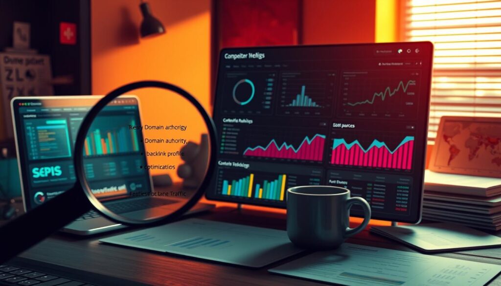 A detailed, data-driven analysis of competing websites, showcasing their SEO strategies, keyword rankings, and traffic sources. In the foreground, a magnifying glass highlights key metrics like domain authority, backlink profiles, and content optimization. In the middle ground, a dashboard displays side-by-side comparisons of competitor performance, with interactive charts and graphs. The background features a sleek, minimalist workspace, with a laptop, coffee mug, and analytical reports, all illuminated by warm, directional lighting that casts subtle shadows. The overall atmosphere conveys a sense of focused research, data-driven decision-making, and the pursuit of online visibility.