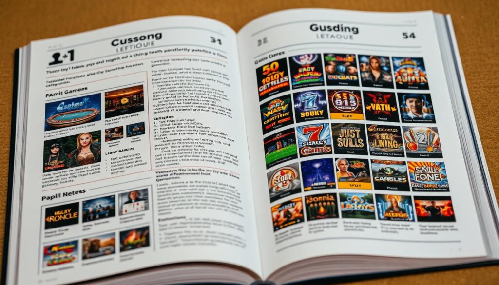 A detailed guidebook filled with various game icons and thumbnails, showcasing a diverse selection of online casino games. The foreground features a clear, well-organized layout with game categories and descriptions, inviting the viewer to explore the options. The middle ground showcases a variety of game thumbnails, ranging from classic table games to vibrant slot machines, all rendered in a crisp, high-resolution style. The background is a warm, neutral tone, creating a sense of focus and hierarchy. The overall composition conveys a sense of informative guidance, helping the viewer navigate the world of online casino entertainment.