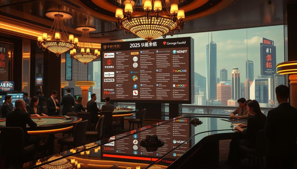 A detailed, high-resolution image of a comprehensive "2025 Casino Fraud List" showcasing various fraudulent activities and scams targeting Taiwanese players. The foreground features a sleek, modern casino interior with glossy tables, elegant chandeliers, and well-dressed patrons. In the middle ground, a large display screen shows a curated list of dubious casino operators, their logos, and key information. The background depicts a cityscape of Taipei, with towering skyscrapers and neon signs, creating a sense of urban sophistication. The lighting is dramatic, with warm, golden tones highlighting the luxurious setting, while subtle shadows and highlights add depth and realism. The overall atmosphere conveys a sense of cautionary elegance, emphasizing the need for vigilance in the rapidly evolving gaming landscape.