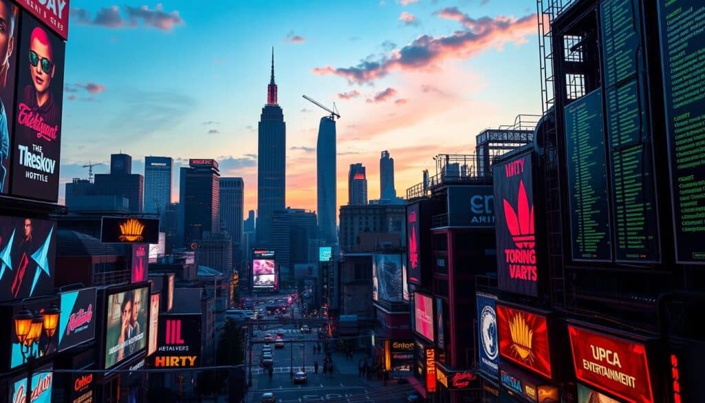 A detailed, high-resolution image of a vibrant entertainment city skyline at dusk, showcasing the SEO optimization process. In the foreground, a city street with neon-lit billboards, digital displays, and signs advertising various entertainment venues. In the middle ground, towering skyscrapers and hotels, their windows reflecting the warm glow of the setting sun. In the background, a cityscape of buildings and infrastructure, with a focus on the technical aspects of SEO optimization, such as server racks, networking equipment, and lines of code. The image should convey a sense of energy, dynamism, and the power of digital marketing strategies to drive success in the entertainment industry.