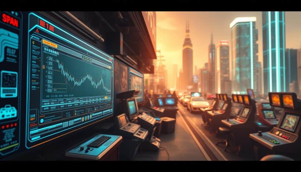 A detailed historical illustration of online casino gaming in Taiwan. A sleek and futuristic digital interface dominates the foreground, showcasing a timeline of technological advancements in the local gaming industry. In the middle ground, various retro gaming consoles and devices represent the evolution from traditional to digital entertainment. The background depicts a vibrant cityscape, symbolizing the integration of online gaming into the urban lifestyle. Warm lighting and a cool color palette evoke a sense of progress and modernity. Cinematic camera angles and depth of field create a sense of depth and visual interest. The overall composition conveys the rich history and continued growth of the Taiwanese digital gaming landscape.