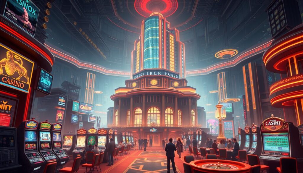 A detailed illustration comparing a virtual casino and a physical casino. In the foreground, a virtual casino environment with sleek, modern interfaces, flashing lights, and digital slot machines. In the middle ground, a traditional brick-and-mortar casino with ornate decor, roulette tables, and crowds of people. In the background, a stark contrast between the two worlds, with the virtual casino towering over the physical one, highlighting the scale, accessibility, and immersive nature of online gambling. The lighting is dramatic, with warm hues in the virtual scene and cooler tones in the physical casino, creating a sense of distinct atmospheres. The overall composition emphasizes the comparison between the two experiences, inviting the viewer to consider the advantages and disadvantages of each.
