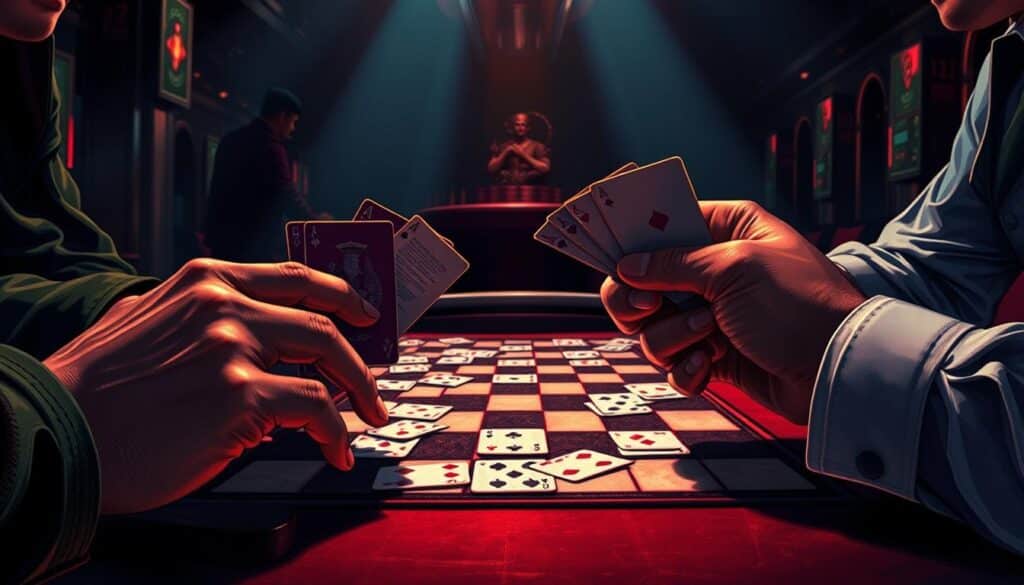 A detailed illustration depicting the interconnection between poker skills and poker strategy. In the foreground, a player's hands expertly manipulating a deck of cards, showcasing their technical mastery. In the middle ground, a chessboard-like grid overlaid with playing cards, representing the strategic decision-making process. The background features a dimly lit casino atmosphere, with shadows and highlights creating a sense of intensity and focus. The lighting is dramatic, lending an air of sophistication and high-stakes excitement. The overall composition conveys the notion that poker is a blend of technical expertise and tactical acumen, where the players' hands and minds work in harmony to outmaneuver their opponents.