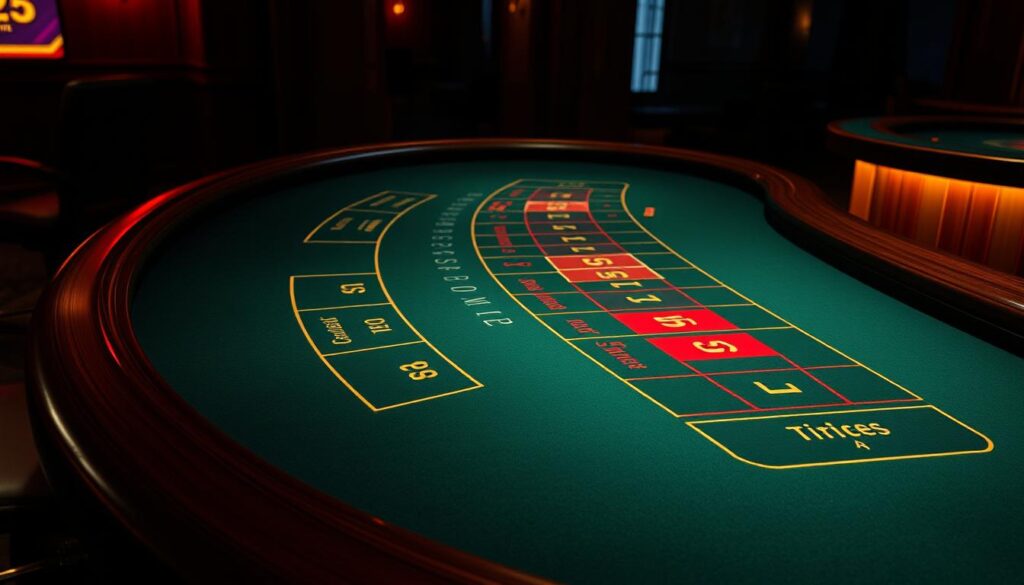 A detailed illustration of a casino baccarat table with a focused view on the designated player and banker betting areas. Captured in a warm, dimly lit atmosphere, the table is presented from an angled perspective, showcasing the intricate layout of the felt surface. Distinct sections for player, banker, and tie bets are prominently featured, conveying a sense of strategic positioning and decision-making. The table's curved edges and smooth, polished wood create a sense of elegance, while the subtle lighting casts a soft, inviting glow across the scene. This image aims to provide a comprehensive, visually striking representation of the baccarat table's layout and betting zones, serving as a valuable reference for the article's readers.