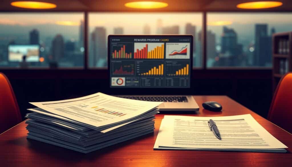 A detailed illustration of a comprehensive rewards program evaluation for an online casino. In the foreground, a stack of documents, spreadsheets, and evaluation forms are neatly arranged on a polished wooden desk, illuminated by warm overhead lighting. In the middle ground, a laptop displays charts, graphs, and KPIs related to player engagement and satisfaction. The background features a blurred city skyline, suggesting a professional, urban setting. The overall mood is one of thoughtful analysis and strategic decision-making, conveying the careful consideration required to assess the effectiveness of an online casino's rewards program.