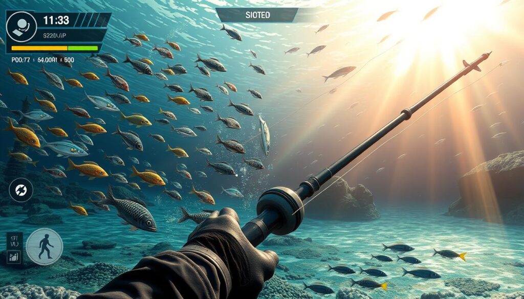A detailed illustration of a fishing game, showcasing strategic techniques and tactics. Set in a vibrant underwater scene, the foreground depicts a player using a harpoon-like fishing tool to skillfully capture various marine creatures, from colorful schools of fish to elusive rare specimens. The middle ground features a dynamic interface with score counters, power-ups, and interactive game elements. In the background, a serene ocean landscape unfolds, with sunlight filtering through the water, schools of fish swimming gracefully, and a sense of immersive aquatic ambiance. The lighting is natural and diffused, creating depth and a sense of realism. The overall composition and attention to detail convey the strategic depth and engaging nature of the fishing game.