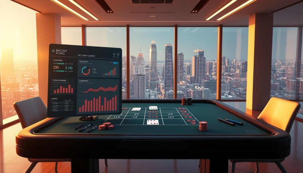 A detailed illustration of a modern online baccarat gaming tool interface. The foreground features a clean, intuitive dashboard with various interactive widgets and analytics displays. The middle ground showcases a realistic baccarat table, with crisp 3D rendering of the cards, chips, and betting areas. The background depicts a sleek, minimalist office environment with large windows overlooking a vibrant cityscape. Warm, balanced lighting illuminates the scene, creating a professional and immersive atmosphere. The overall composition conveys the utility, sophistication, and seamless integration of this specialized baccarat gaming assistant.