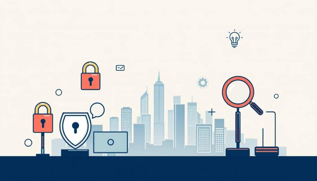 A detailed illustration of techniques to avoid online fraud, featuring a stylized graphic design with a clean, minimalist aesthetic. In the foreground, various fraud prevention icons such as a lock, shield, and magnifying glass symbolize protective measures. The middle ground showcases a stylized cityscape with skyscrapers, suggesting the digital landscape. The background is a subtle gradient, creating depth and emphasizing the key visual elements. The overall mood is one of security, caution, and technological prowess, conveying the message of safeguarding oneself against fraudulent activities.