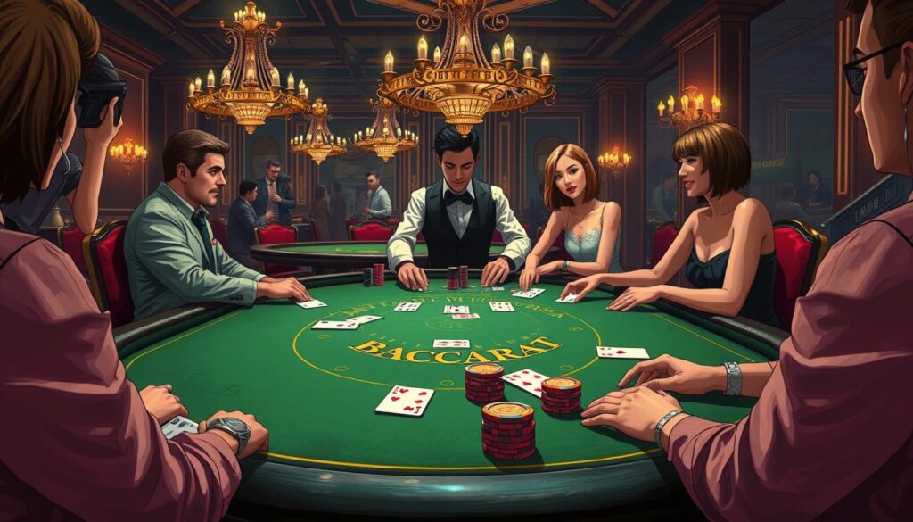 A detailed illustration of the popular casino game Baccarat. In the foreground, the elegant green felt table with delicate gold trim is meticulously rendered, the cards and chips arranged with precision. The middle ground features the dealer and players, captured in a stylized, semi-realistic manner, their expressions and gestures conveying the excitement and tension of the game. In the background, a dimly lit casino interior sets the mood, with ornate chandeliers casting a warm, inviting glow. The overall composition emphasizes the classic aesthetic and sophisticated ambiance of the Baccarat experience, inviting the viewer to immerse themselves in the strategic allure of this timeless game.