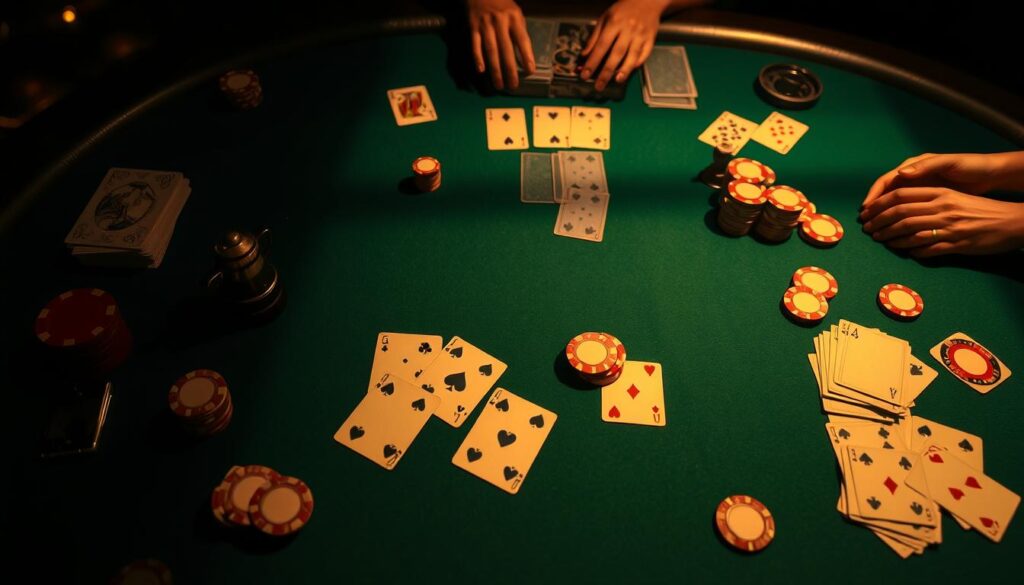 A detailed illustration of the rules and gameplay of the casino game Baccarat. A dimly lit table covered in a green felt cloth, with playing cards, casino chips, and other key game elements artfully arranged. The scene is captured from an overhead angle, creating a sense of depth and immersion. The lighting is warm and natural, casting subtle shadows and highlights to accentuate the textures and materials. The atmosphere is one of sophisticated elegance, inviting the viewer to envision themselves in an upscale casino setting, ready to learn the intricacies of this classic card game.