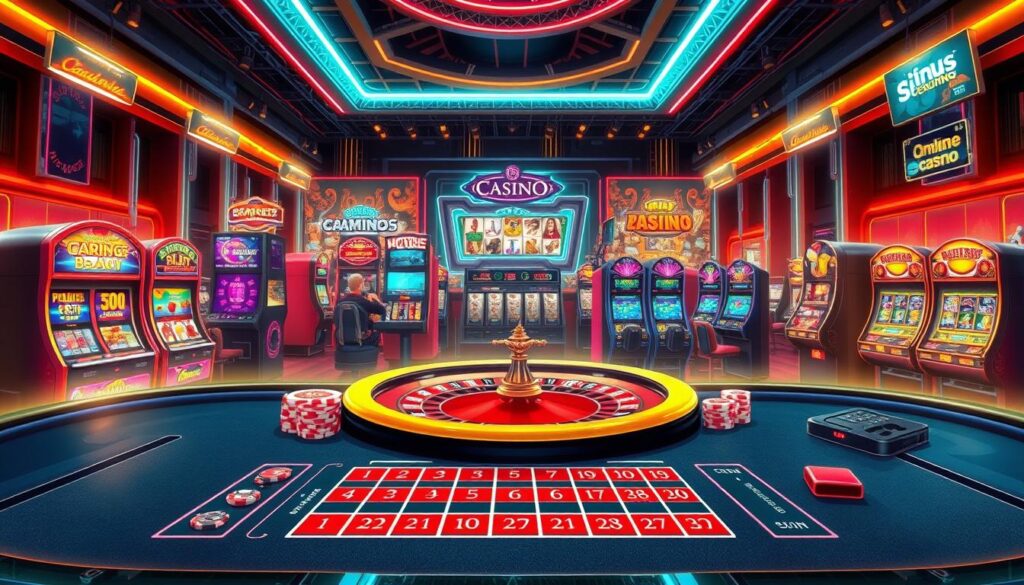 A detailed illustration of various online casino game types, featuring a modern, vibrant, and visually striking composition. In the foreground, a central casino table showcases a selection of classic table games such as roulette, blackjack, and baccarat, with detailed textures and realistic lighting. In the middle ground, various slot machines and digital displays highlight the range of slot game themes and mechanics, from classic fruit machines to high-tech video slots. The background depicts a sleek, futuristic casino environment, with neon-lit architectural elements and glowing digital interfaces, conveying the technological sophistication and immersive atmosphere of online gaming. The overall scene should exude a sense of excitement, innovation, and the thrill of online casino entertainment.