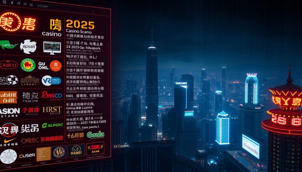 A detailed list of fraudulent "2025 Online Casino Scams" displayed on a sleek, modern UI interface. The foreground showcases various casino logos and brand names, hinting at the deceptive nature of these operations. The middle ground features an array of financial transaction icons, signifying the illicit financial activities involved. The background is a dark, ominous cityscape, creating a sense of unease and the omnipresent threat of these scams. Dramatic lighting casts long shadows, emphasizing the gravity of the situation. The overall composition conveys a sense of seriousness and the need to be vigilant against these emerging threats in the Taiwanese gaming industry.