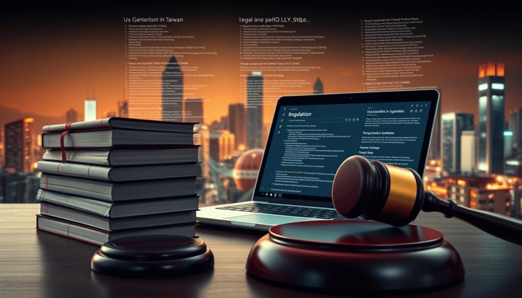 A detailed, meticulously crafted image of the legal landscape surrounding online gambling in Taiwan. In the foreground, a stack of law books and a gavel, symbolizing the legal framework. In the middle ground, a laptop displaying statistics and regulations, flanked by scrolling lines of legal code. In the background, a city skyline with a mix of modern and traditional architecture, hinting at the complex intersection of technology and tradition. The lighting is warm and soft, conveying a sense of thoughtful contemplation. The composition is balanced and symmetrical, reflecting the orderly nature of the legal system. The overall mood is one of serious examination, as if capturing a moment of intellectual discourse on the subject.