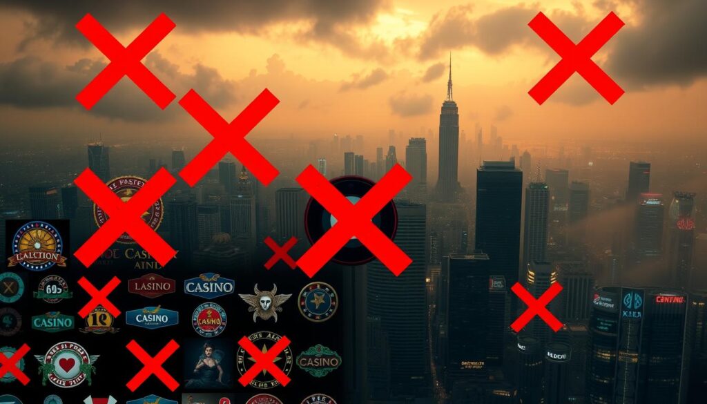 A detailed overview of a list of fraudulent online casinos in 2025, showcased against a dramatic backdrop. In the foreground, a mosaic of casino logos, each one tarnished by a harsh red "X" mark, conveying a sense of deception and mistrust. In the middle ground, a sprawling cityscape of towering skyscrapers, their windows reflecting the glow of neon signs, hinting at the illicit activities happening behind the scenes. The background is shrouded in a hazy, ominous atmosphere, with dark clouds and a moody, sultry lighting that sets an ominous tone. The composition should evoke a sense of cautionary tale, warning viewers about the dangers of falling victim to these fraudulent enterprises.
