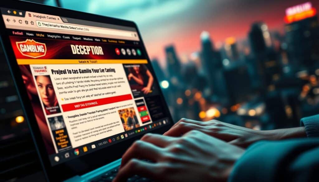 A detailed, photorealistic image of a fraudulent website interface. In the foreground, a web browser window displays a sketchy-looking gambling website with garish colors, dubious content, and deceptive claims. The middle ground shows a closeup of a person's hands typing on a keyboard, highlighting the insidious nature of these scams. In the background, a blurred cityscape suggests the global scale of online fraud. The lighting is dramatic, creating an ominous, cautionary atmosphere. The angle is slightly tilted to convey a sense of unease. The overall composition effectively communicates the subject of fraudulent online gambling websites.