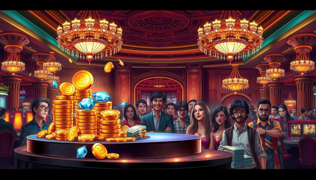 A detailed, professional illustration showcasing various methods for awarding bonuses and prizes in an online casino setting. The foreground features a central podium or display, adorned with shimmering coins, sparkling gems, and stacks of cash, symbolizing the different types of rewards. The middle ground depicts a diverse group of casino patrons eagerly awaiting their chance to claim these prizes, their expressions a mix of excitement and anticipation. The background is a richly detailed casino interior, with elegant chandeliers, ornate décor, and the faint glow of gaming tables in the distance, all illuminated by warm, inviting lighting that creates a sense of glamour and celebration. The overall composition conveys a vibrant, high-energy atmosphere, capturing the thrill and anticipation of receiving special bonuses and incentives in an online casino setting.
