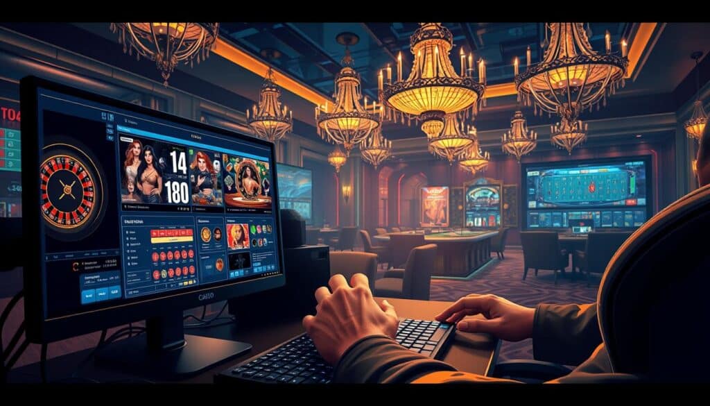 A detailed, realistic illustration of an online casino gaming setup. The foreground features a high-end gaming computer with multiple screens displaying various casino games like roulette, slots, and blackjack. The middle ground showcases a player's hands interacting with a modern, intuitive user interface, highlighting the strategic elements of gameplay. The background depicts a dimly lit, luxurious casino environment with ornate chandeliers, plush furniture, and subtle highlights that evoke an atmosphere of excitement and sophistication. The scene is bathed in a warm, inviting lighting setup that creates depth and draws the viewer's attention to the focal points. The overall composition conveys a sense of control, strategy, and the potential for financial success within the context of an online casino experience.