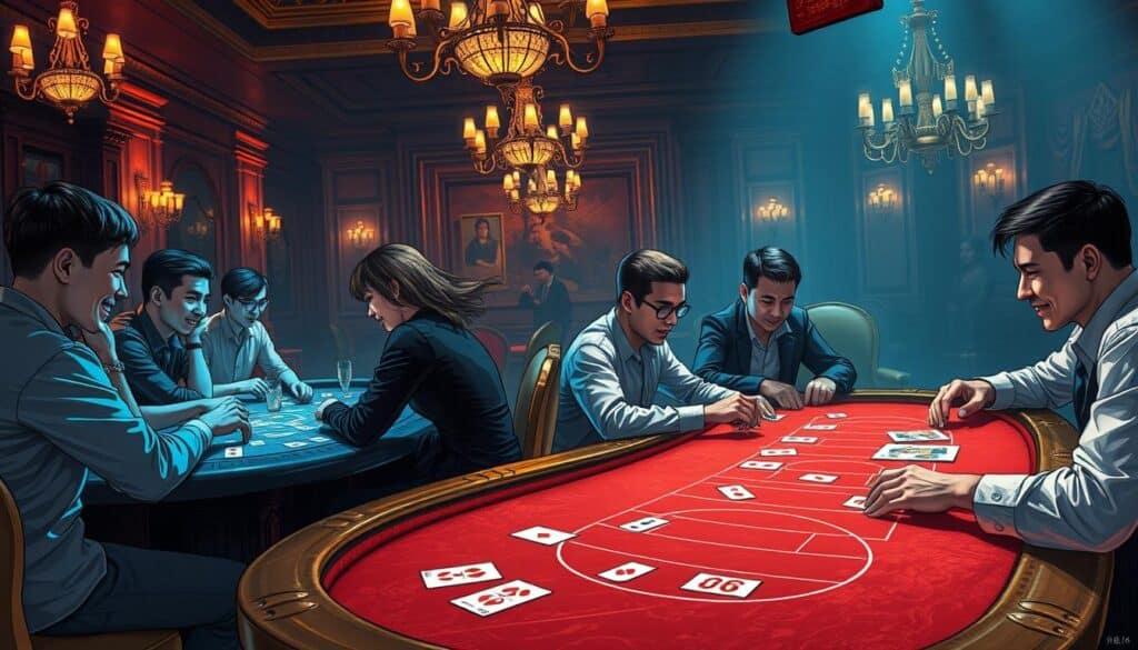 A detailed, richly textured illustration of two contrasting styles of Baccarat gameplay. In the foreground, the "共咪百家樂" (Social Baccarat) table features a lively, social atmosphere, with players engaged in animated conversation and laughter as they strategize their bets. The middle ground showcases the "競咪百家樂" (Competitive Baccarat) table, where players adopt a more serious, focused demeanor, intently studying the cards and calculating their next moves. The background depicts an elegant, dimly lit casino setting, with ornate chandeliers casting a warm, intimate glow. The overall scene conveys the diverse and nuanced experiences found within the world of Baccarat, from the camaraderie of social play to the intensity of competitive gaming.