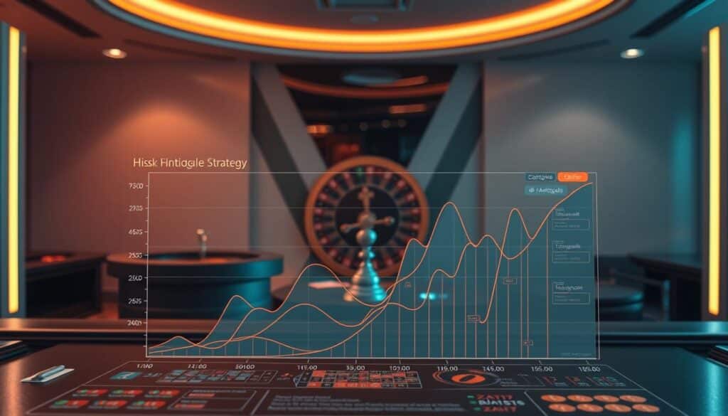 A detailed risk analysis of the Martingale betting strategy, depicted in a sleek, modern style. The foreground shows a stylized graph or chart visualizing the volatility and potential downsides of the Martingale approach, with distinctive data visualizations and infographic elements. The middle ground features an abstract, geometric interpretation of the casino environment, with subtle hints of roulette wheels or gambling motifs. The background maintains a clean, minimalist aesthetic, perhaps incorporating subtle textures or gradients to convey a sense of financial risk and uncertainty. Warm lighting casts a contemplative mood, while the overall composition strikes a balance between analytical clarity and artistic abstraction.
