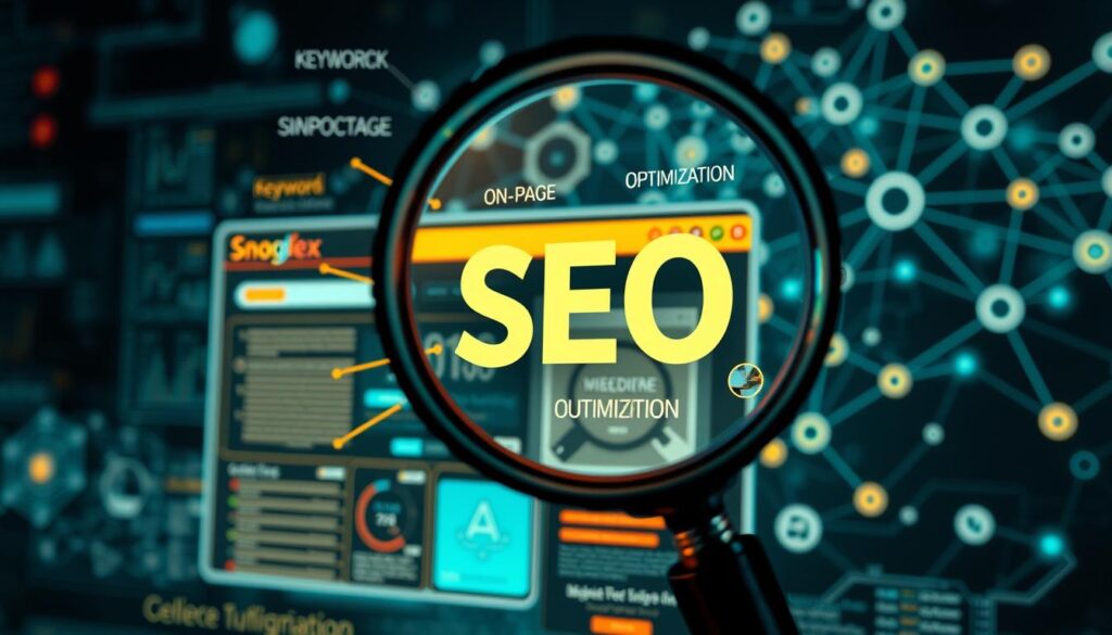 A detailed schematic diagram depicting the application of SEO strategies in website optimization. In the foreground, a magnifying glass highlights key SEO elements such as keyword research, on-page optimization, and link building. The middle ground showcases a website interface with various analytical tools and metrics, illustrating the data-driven nature of modern SEO practices. In the background, a stylized network of interconnected nodes represents the complex web of search engine algorithms and ranking factors. The overall scene conveys a sense of technical sophistication and data-driven decision-making essential for effective website optimization.