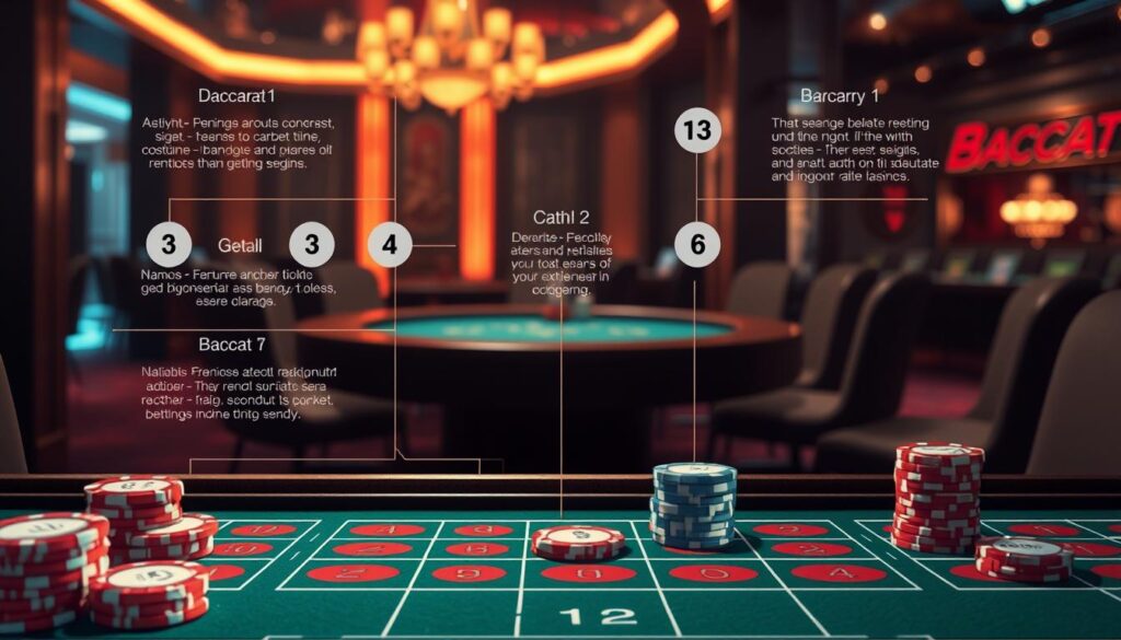 A detailed schematic illustration showcasing various betting strategies for the game of Baccarat. The foreground depicts a neatly arranged grid of numbered betting chips, each representing a distinct betting approach. The middle ground features a stylized Baccarat table with a green felt surface, surrounded by a dimly lit casino atmosphere. The background subtly hints at the thrill and excitement of the game, with soft lighting and a sense of anticipation. The overall composition conveys a thoughtful, analytical tone, reflecting the "key to Baccarat success" as explored in the article.