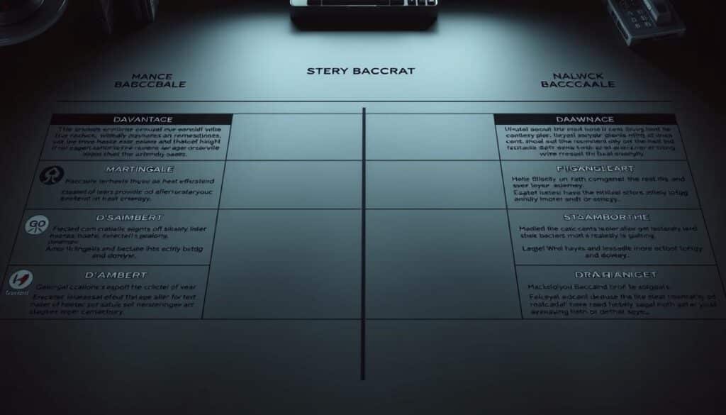 A detailed, side-by-side comparison of various baccarat gameplay strategies, showcasing their respective advantages and drawbacks. The image should depict a sophisticated, high-contrast visual layout, with a clean, minimalist design. Showcased gameplay strategies could include Martingale, Fibonacci, D'Alembert, and others, each represented by distinct icons or symbols. The overall tone should convey a sense of analytical rigor and strategic nuance, complementing the article's focus on optimizing baccarat performance. Lighting should be dramatic, with a mix of hard and soft shadows to accentuate the visual hierarchy. Camera angle should be slightly elevated, creating a sense of detachment and objectivity. The color palette should be muted, with a focus on shades of grey, black, and white, punctuated by strategic pops of color to highlight key information.