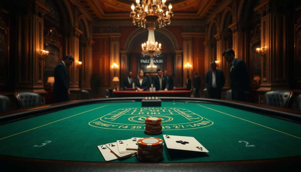 A detailed statistical analysis of the win rates between the banker and player hands in a baccarat game. The scene depicts a gaming table set in a dimly lit, luxurious casino interior. Soft, warm lighting casts dramatic shadows across the green baize surface, highlighting the precision of the cards and chips. In the foreground, a stack of betting chips and a pair of cards representing the banker and player hands. The middle ground shows a panoramic view of the table, with a group of well-dressed gamblers intently observing the game. The background features a grandiose, baroque-inspired architectural setting with ornate columns and chandeliers, creating an atmosphere of high-stakes elegance and refinement.