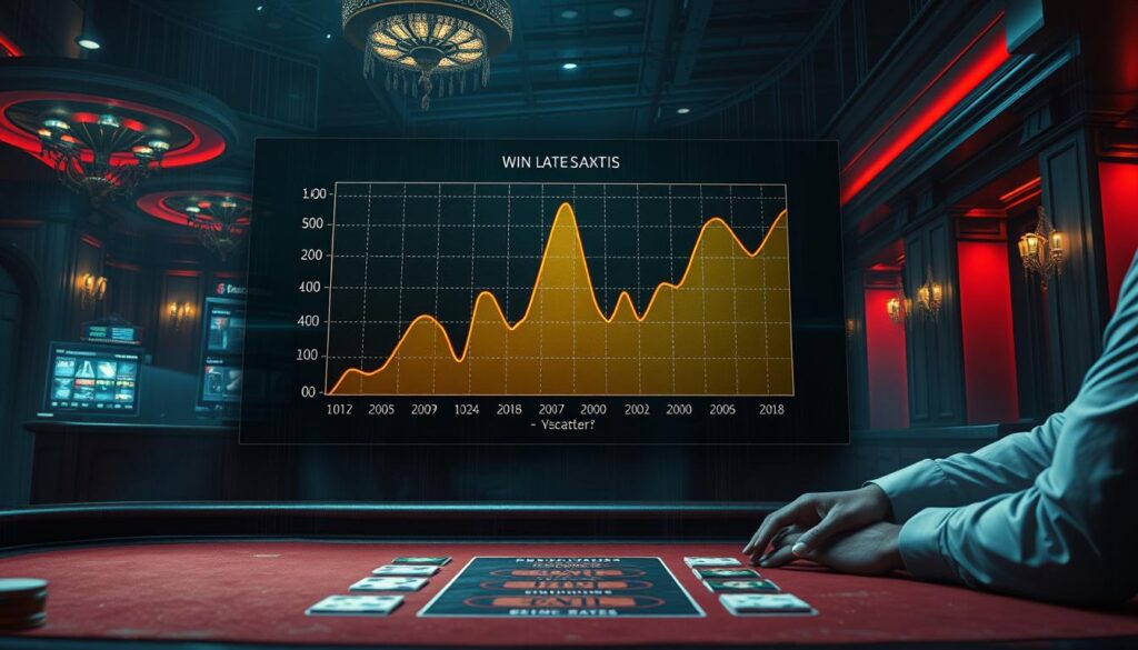 A detailed statistical analysis of the win rates of the banker (house) and player (bettor) in a high-stakes casino environment. A digital painting style illustration depicting a sophisticated chart or graph visualizing the data, rendered with realistic textures, dramatic lighting, and a cinematic perspective. The image should convey a sense of precision, authority, and competitive tension, set against a mysterious, dimly lit casino atmosphere.