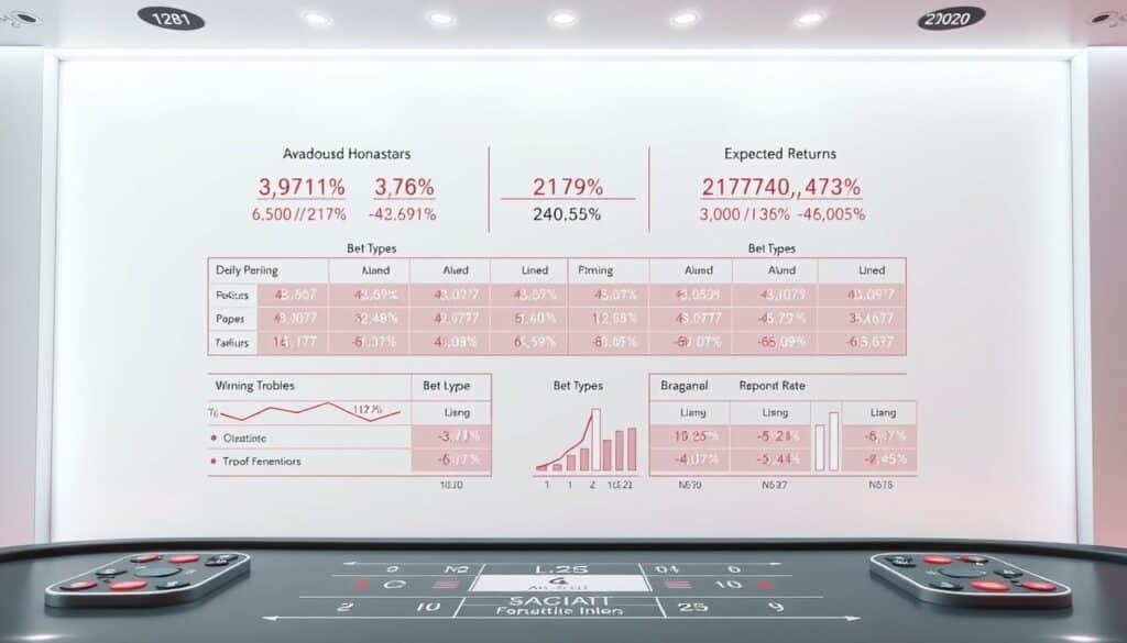 A detailed statistical analysis of the winning rates and payouts in the classic casino game of Baccarat, presented in a sophisticated and data-driven visualization. The image depicts a clean, minimalist layout with a stark white background, allowing the core information to take center stage. Elegant charts and graphs showcase the complex mathematical relationships between bet types, probabilities, and expected returns, lending an air of intellectual rigor to the presentation. The overall mood is one of analytical clarity, empowering the viewer to make more informed decisions when playing this thrilling game of chance. Soft, neutral lighting and a precise, architectural camera angle contribute to the sense of technical precision and objectivity.