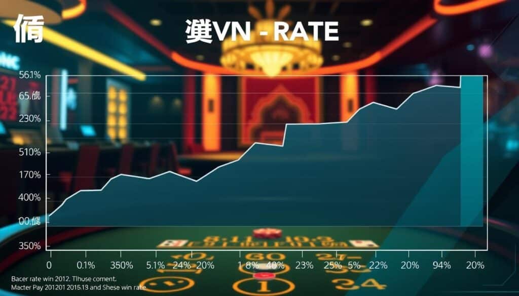 A detailed statistical visualization of baccarat win rates, presented in a clean, data-driven style. The foreground features a sleek, modern chart or graph displaying the key win rate metrics, such as the house edge, player win percentage, and banker win percentage. The middle ground showcases the baccarat table and gaming environment, with a subtle, atmospheric lighting that evokes the ambiance of a high-end casino. The background layers in additional contextual elements, such as playing cards, casino chips, or an abstract geometric pattern, to reinforce the theme. The overall aesthetic is polished, informative, and visually striking, conveying the authoritative and insightful nature of the "百家樂贏率統計" data analysis.