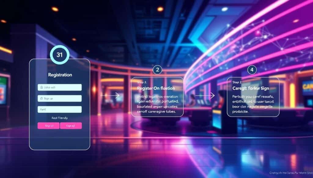 A detailed, step-by-step registration process for an online casino game, captured in a vibrant digital illustration. The foreground depicts a user-friendly interface with clean, intuitive UI elements guiding the player through the sign-up flow. The middle ground showcases a serene, modern casino setting, with elegant architectural details and subtle lighting effects creating a warm, inviting atmosphere. In the background, a sense of digital connectivity is evoked through abstract, glowing wireframe elements, conveying the seamless integration of the registration process with the broader online gaming ecosystem. The overall composition strikes a balance between practical functionality and immersive visual appeal, reflecting the user-centric design principles at the heart of the registration experience.