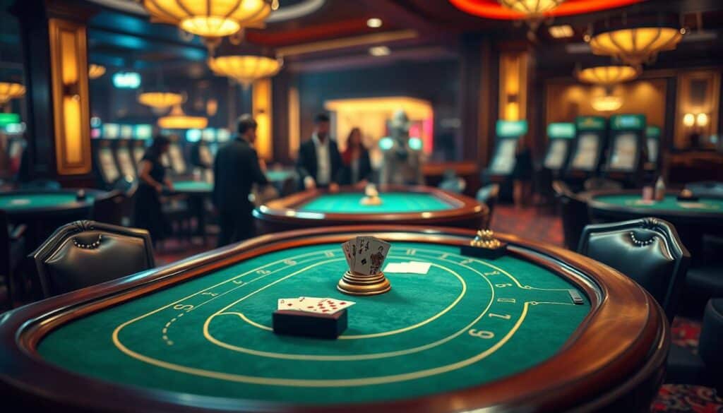 A detailed tabletop scene depicting the classic casino game of Baccarat. The table is finely crafted, with a green felt surface and ornate wooden edges. In the center, the iconic Baccarat shoe and cards are neatly arranged, ready for gameplay. The lighting is soft and warm, creating a cozy, inviting atmosphere. Around the table, the dealer stands poised, awaiting the players' bets. The background is slightly blurred, with the faint silhouettes of other tables and the casino's luxurious interior visible, suggesting an upscale gaming establishment. The overall composition conveys the elegance and tradition of the ancient game of Baccarat.