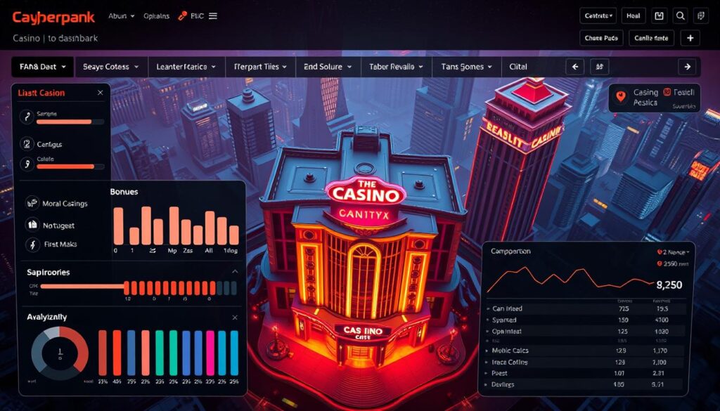 A detailed, top-down view of a casino-themed web interface, showcasing an interactive dashboard for evaluating online casino bonuses and rewards. The foreground features a sleek, modern user interface with various buttons, sliders, and data visualizations allowing the user to analyze and compare different casino promotions. The middle ground displays a 3D model of a casino building with neon lights and gilded architecture, suggesting an immersive online gambling experience. The background depicts a cityscape at night, with skyscrapers and a starry sky, creating a sense of urban sophistication. The overall mood is one of sophisticated, data-driven decision-making, blended with the excitement and allure of the online casino industry.