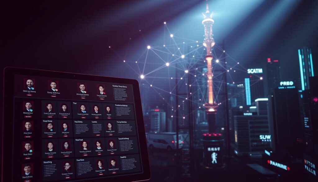 A detailed, updated list of scam entities targeting Taiwan's online gambling industry, displayed on a sleek digital interface. The foreground features an organized grid of profile images and text, conveying a sense of authority and vigilance. The middle ground showcases an abstract data visualization, with interconnected nodes and lines pulsing rhythmically, hinting at the complex web of fraudulent activities. The background depicts a moody, neon-tinged cityscape, alluding to the urban sophistication and high-stakes nature of the gambling landscape. Dramatic low-angle lighting casts dynamic shadows, heightening the sense of gravity and importance surrounding this crucial information.