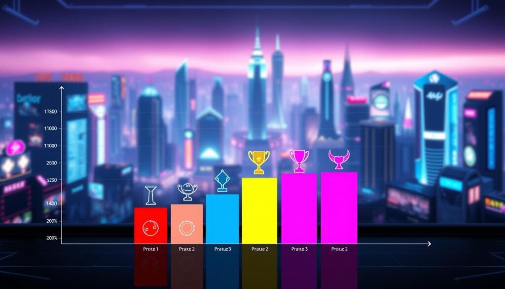 A detailed visual analysis of a game competition's prize structure. In the foreground, a sleek, minimalist bar chart depicting the breakdown of the prize pool, with vibrant colors highlighting the different award tiers. The middle ground showcases crisp icons and symbols representing the various gaming elements, creating a sense of excitement and anticipation. In the background, a subtly blurred landscape of a modern, high-tech online entertainment city, suggesting the digital realm in which the competition takes place. The overall composition conveys a sense of precision, clarity, and the allure of the potential rewards, inviting the viewer to delve deeper into the analysis of this captivating prize structure.