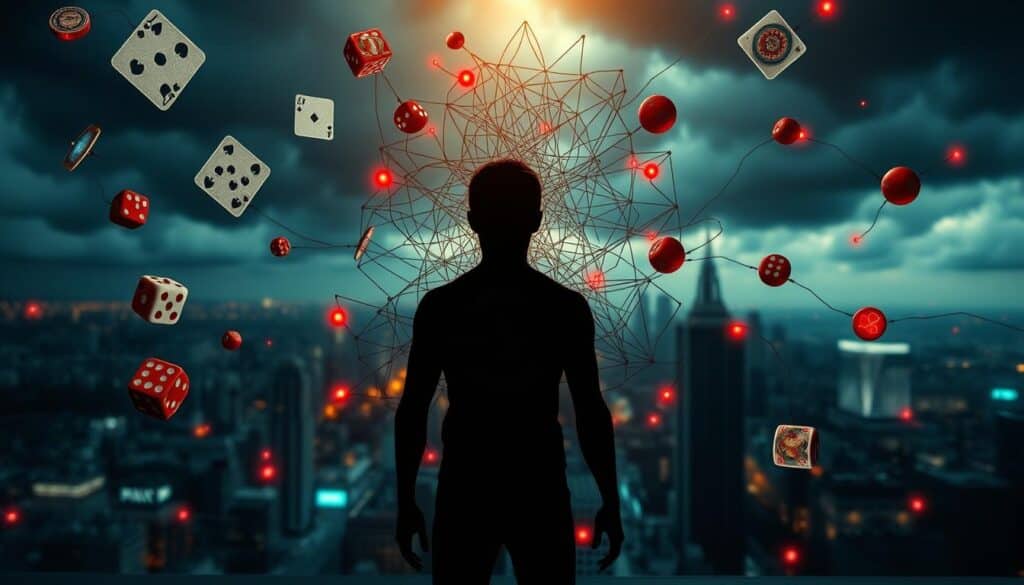 A detailed visualization of the risks associated with online gambling. In the foreground, a stylized human figure surrounded by ominous symbols - dice, playing cards, and flashing lights, signifying the allure and temptation of virtual casinos. The middle ground features a tangled web of digital connections, representing the complex and often deceptive nature of online betting platforms. In the background, a blurred cityscape fades into a dark, stormy sky, evoking a sense of unease and the potential for financial ruin. The overall composition conveys a cautionary tale, urging viewers to exercise caution and discernment when exploring the digital gambling landscape. Realistic lighting and a moody, chiaroscuro aesthetic heighten the sense of drama and impending danger.