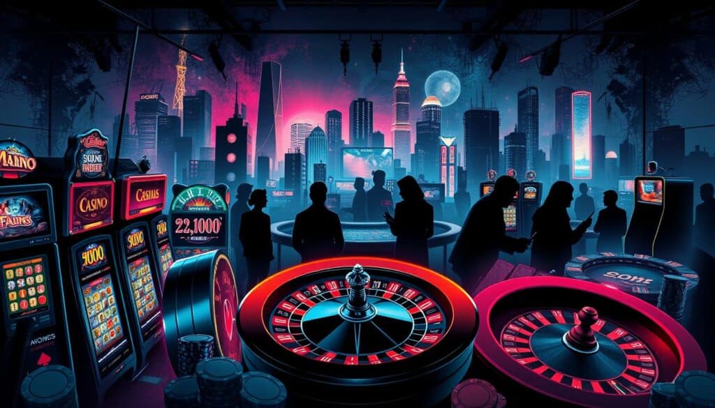 A detailed, visually-striking digital illustration showcasing the diverse revenue potential of various online casino game genres. In the foreground, a vibrant display of gaming icons - slot machines, roulette wheels, poker chips - representing the breadth of entertainment options. The middle ground features silhouetted figures engaged in gameplay, conveying the immersive user experience. The background depicts an abstract, neon-tinged cityscape, symbolizing the thriving virtual casino landscape. Dramatic chiaroscuro lighting casts dramatic shadows, enhancing the sense of drama and anticipation. Rendered in a stylized, high-contrast aesthetic to capture the dynamic, high-stakes nature of online gaming.