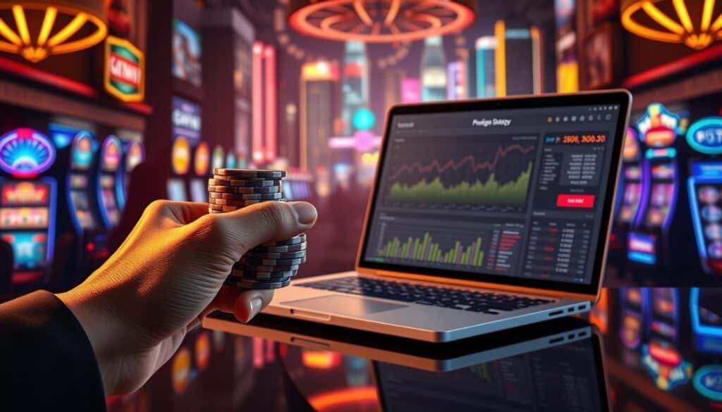 A detailed, well-organized financial strategy blueprint against a backdrop of a bustling online casino scene. In the foreground, an elegant hand holding a stack of casino chips, symbolizing the importance of disciplined bankroll management. The middle ground features a sleek, modern laptop displaying financial analytics, underscoring the data-driven approach. In the background, a vibrant cityscape of neon-lit skyscrapers and flashing slot machines, creating an atmosphere of controlled risk-taking. Warm, golden lighting casts a professional, authoritative tone, while the composition is balanced and visually compelling.