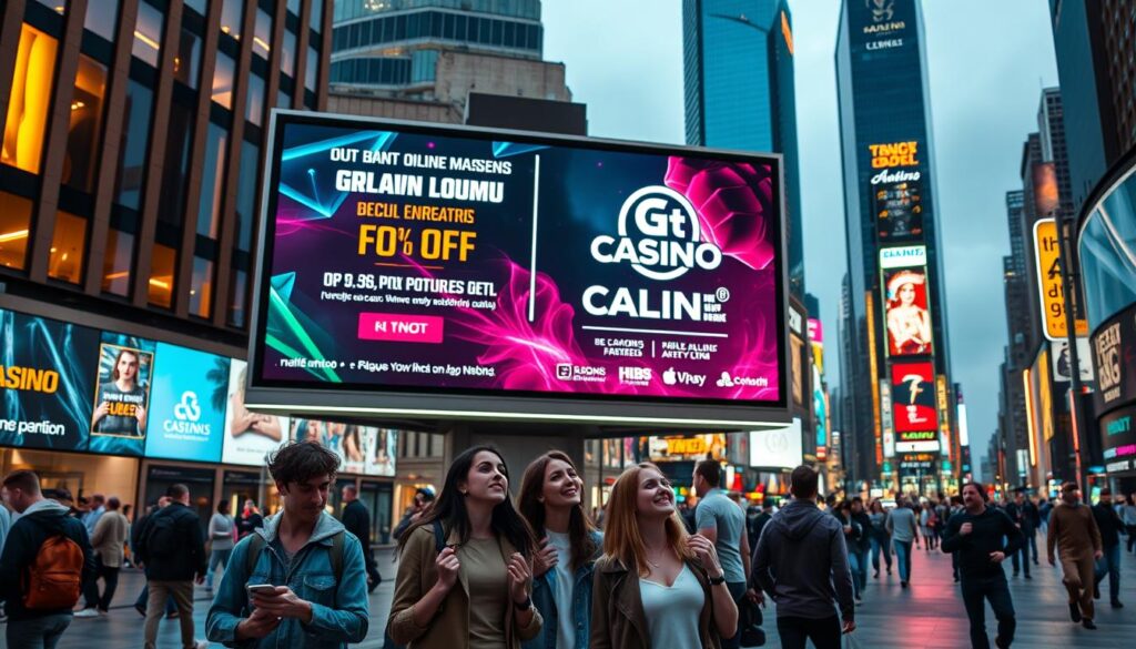 A digital billboard in a bustling city square, showcasing a visually striking marketing strategy for an online casino. The billboard features dynamic graphics, bold colors, and sleek typography that grab the viewer's attention. In the foreground, a group of young adults react excitedly to the casino's latest promotions, their expressions conveying a sense of energy and anticipation. The middle ground depicts the casino's logo and key features, highlighted by dramatic lighting and a cinematic camera angle. In the background, the city skyline sets the scene, with towering skyscrapers and neon lights creating a vibrant, futuristic atmosphere. The overall composition suggests a well-crafted, technology-driven marketing approach that appeals to a modern, tech-savvy audience.