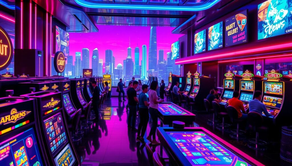A digital casino lobby with a vibrant, futuristic aesthetic. In the foreground, an array of colorful slot machines and gaming tables are illuminated by neon lights, creating an immersive and engaging atmosphere. In the middle ground, avatars of players are interacting with the games, their expressions of excitement and anticipation conveying the thrill of online entertainment. The background features a sleek, modernist skyline with skyscrapers and virtual billboards, hinting at the boundless possibilities of the digital realm. The overall scene radiates a sense of convenience, accessibility, and the distinct advantages of online gaming over traditional brick-and-mortar casinos.