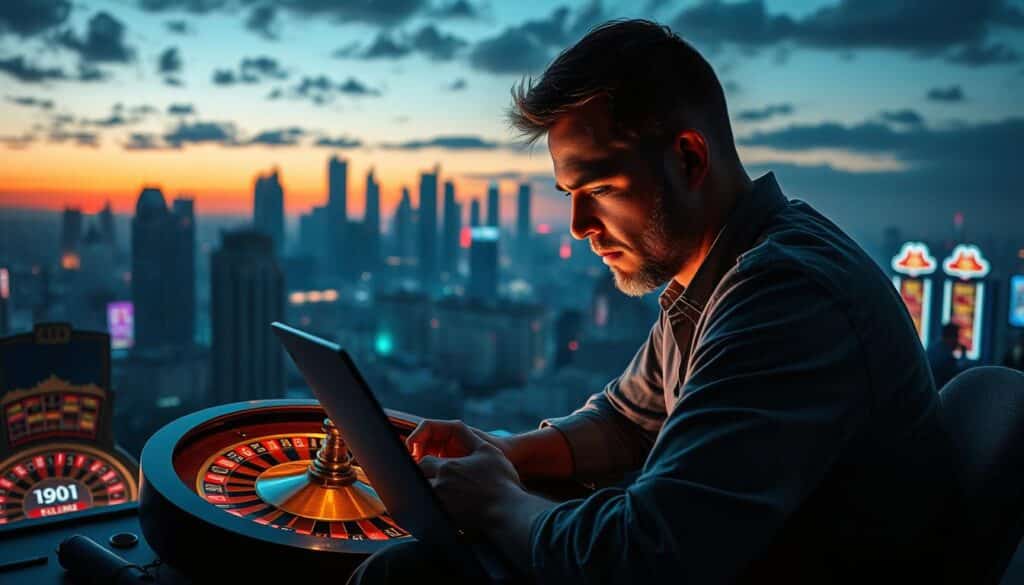 A digital cityscape at dusk, the vibrant lights of an online casino illuminating the skyline. In the foreground, a man sits hunched over a laptop, consumed by the allure of virtual roulette wheels and slot machines. Tension builds as he contemplates his next move, the risks and rewards of this digital vice playing out before him. The middle ground reveals the darker underbelly of the industry, shadowy figures lurking, preying on the vulnerable. The background fades into a haze of uncertainty, the long-term consequences of this addiction looming. A lens of unease and caution casts an ominous mood over the scene, a cautionary tale of the perils of online gambling.