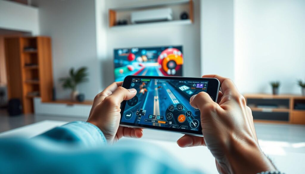 A digital gaming tutorial scene with a modern, clean aesthetic. In the foreground, a person's hands interact with a tablet or smartphone, demonstrating various game controls and mechanics. The middle ground features a larger display showing the gameplay, with vibrant colors and dynamic visuals. The background depicts a minimalist, well-lit workspace or home environment, conveying a sense of focus and productivity. Soft, even lighting illuminates the scene, captured with a high-quality camera lens to emphasize the details. The overall mood is one of instructional clarity, technological proficiency, and immersive gaming experience.